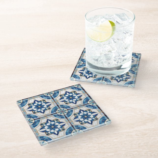 Ornate Moroccan Tile Pattern#4 Blue White ID1078 Glass Coaster (Angled)