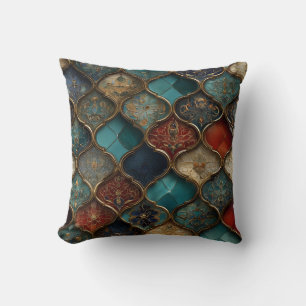 Ornate Moroccan Tiles in Jewel Tones and Gold Cushion