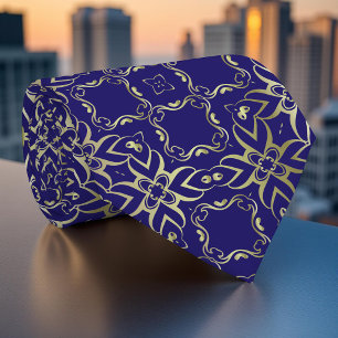 Ornate Navy Blue And Gold Baroque Royal Pattern Tie