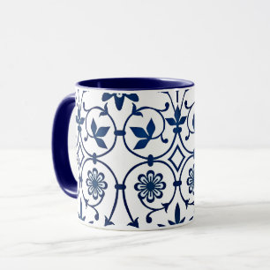 Ornate navy blue on white pattern mug