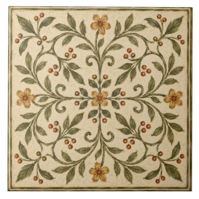 Ornate Olive Green Floral Italian Garden Tile (Front)