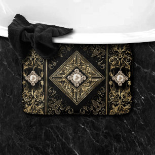 Ornate Opulence   Black and Gold Jewelled Emblem Bath Mat