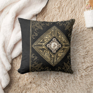 Ornate Opulence   Black and Gold Jewelled Flourish Cushion