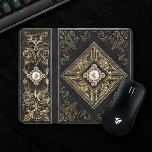 Ornate Opulence   Black and Gold Jewelled Flourish Mouse Pad