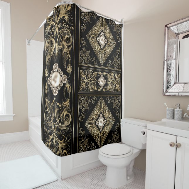 Ornate Opulence | Black and Gold Jewelled Flourish Shower Curtain (In Situ)