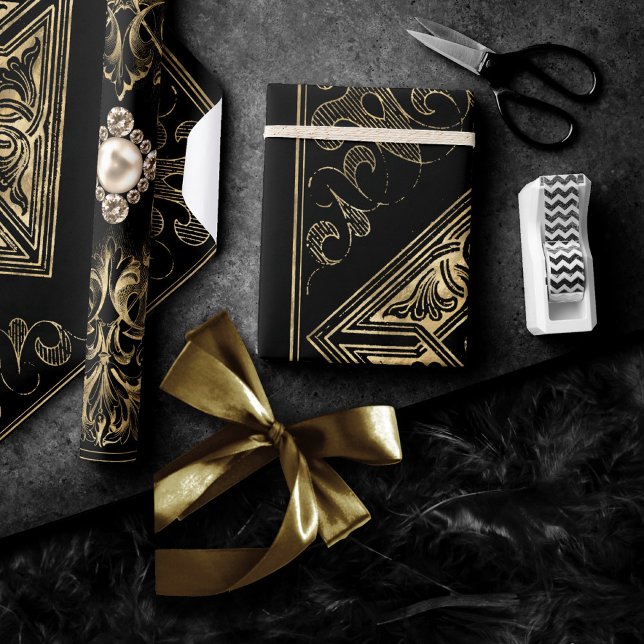 Ornate Opulence | Black and Gold Jewelled Flourish Wrapping Paper (Creator Uploaded)