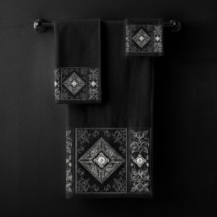 Ornate Opulence   Black and Silver Jewel Flourish Bath Towel Set
