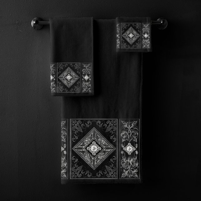 Ornate Opulence | Black and Silver Jewel Flourish Bath Towel Set (Creator Uploaded)