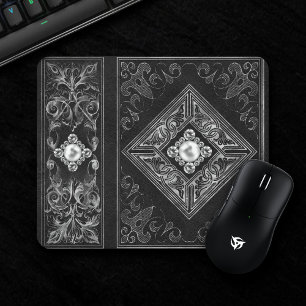 Ornate Opulence Black and Silver Jewel Flourish Mouse Pad