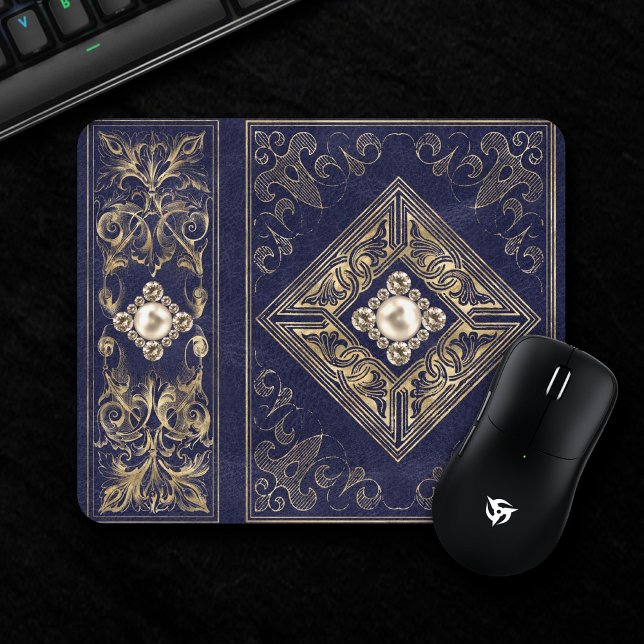 Ornate Opulence | Blue and Gold Jeweled Flourish Mouse Pad (Creator Uploaded)