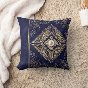 Ornate Opulence   Blue and Gold Jewelled Flourish Cushion