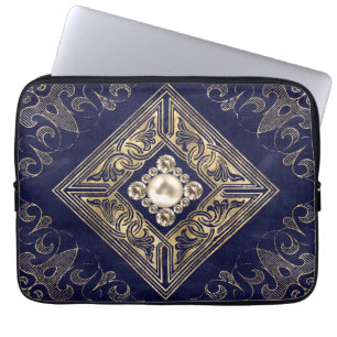 Ornate Opulence Blue and Gold Jewelled Flourish Laptop Sleeve