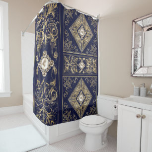 Ornate Opulence Blue and Gold Jewelled Flourish Shower Curtain