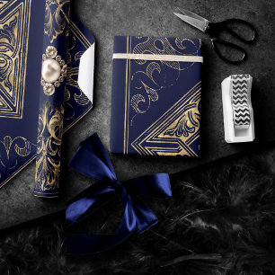 Ornate Opulence Blue and Gold Jewelled Flourish Wrapping Paper