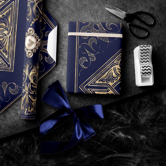 Ornate Opulence | Blue and Gold Jewelled Flourish Wrapping Paper (Creator Uploaded)