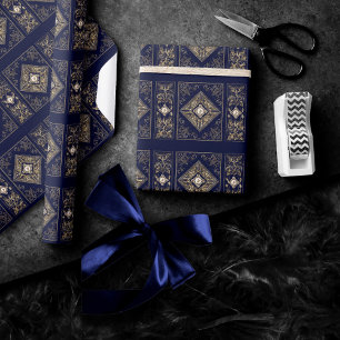 Ornate Opulence   Blue and Gold Jewelled Flourish Wrapping Paper