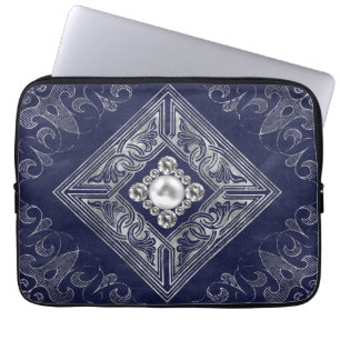Ornate Opulence Blue and Silver Jeweled Flourish Laptop Sleeve