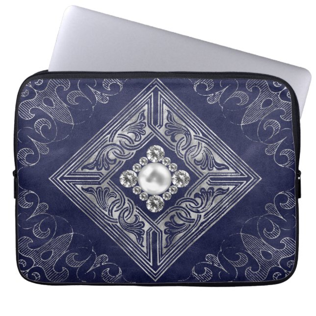 Ornate Opulence | Blue and Silver Jeweled Flourish Laptop Sleeve (Front)