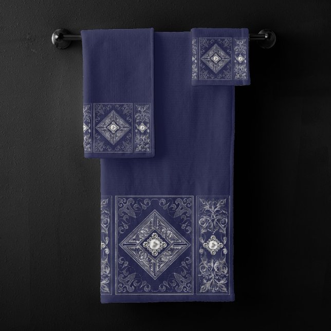 Ornate Opulence | Blue and Silver Jewelled Flouris Bath Towel Set (Creator Uploaded)