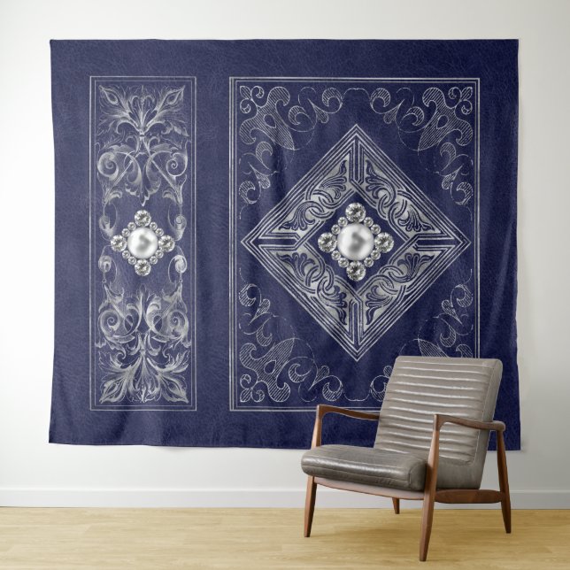 Ornate Opulence | Blue and Silver Jewelled Flouris Tapestry (In Situ (Horizontal))