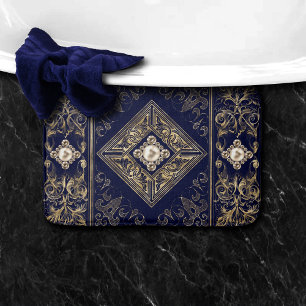 Ornate Opulence Navy Blue and Gold Jewel Emblem Bath Mat