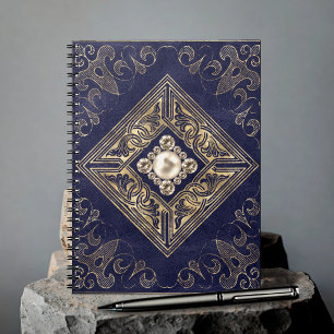 Ornate Opulence Navy Blue and Gold Jewel Emblem Notebook