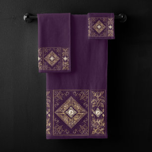 Ornate Opulence Purple and Gold Jewelled Brooch Bath Towel Set