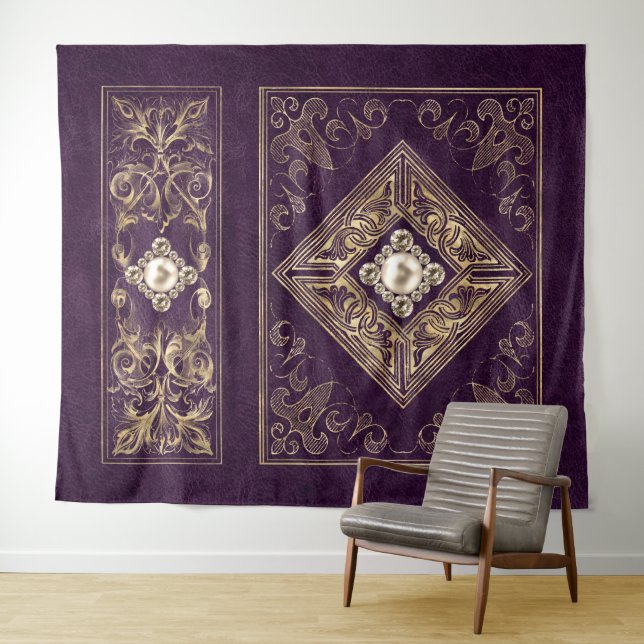Ornate Opulence | Purple and Gold Jewelled Flouris Tapestry (In Situ (Horizontal))