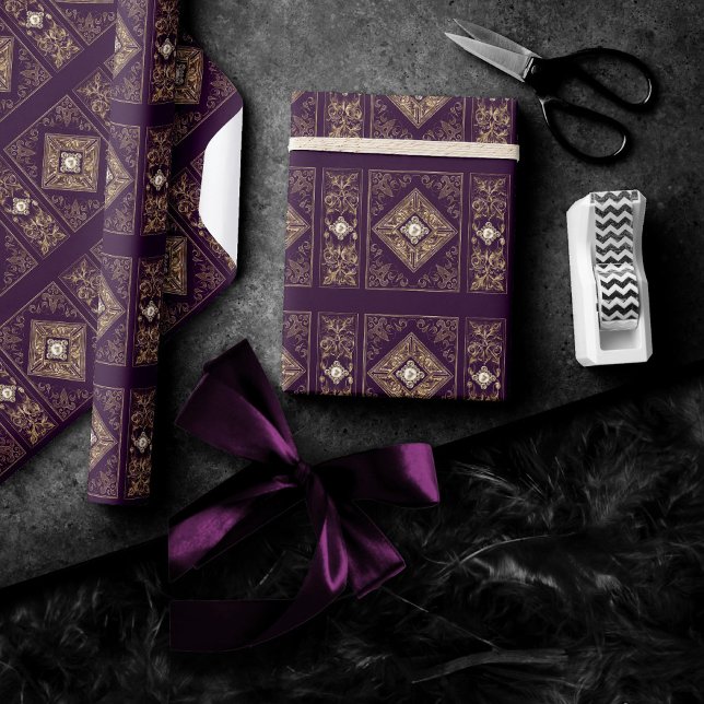 Ornate Opulence | Purple and Gold Jewelled Flouris Wrapping Paper (Creator Uploaded)
