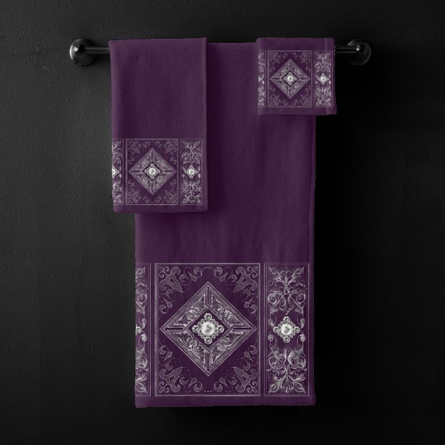 Ornate Opulence | Purple and Silver Jewel Flourish Bath Towel Set (Creator Uploaded)