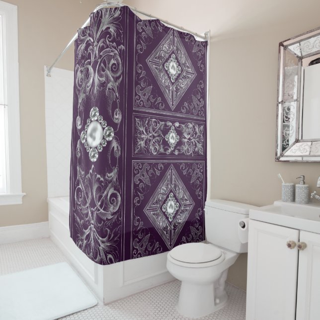 Ornate Opulence | Purple and Silver Jewel Flourish Shower Curtain (In Situ)