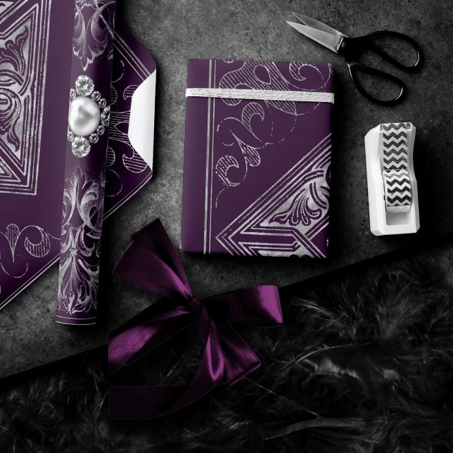 Ornate Opulence | Purple and Silver Jewel Flourish Wrapping Paper (Creator Uploaded)