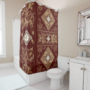 Ornate Opulence   Red and Gold Jewelled Flourish Shower Curtain