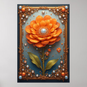 Ornate Orange Flower Artwork in Gold Frame Poster