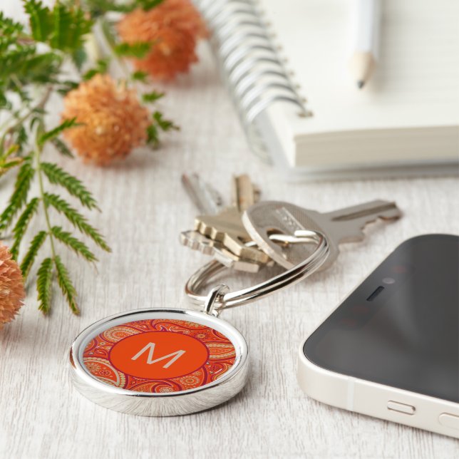 Ornate Orange Paisley Pattern Monogram Key Ring (Side)