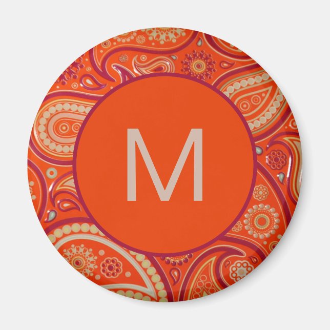 Ornate Orange Paisley Pattern Monogram Magnet (Front)