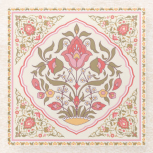 Ornate Oriental: Floral Stylish Design. Glass Coaster