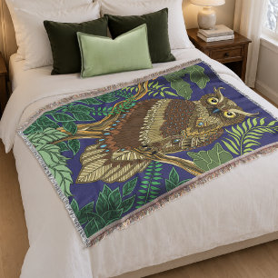 Ornate Owl Green Forest Leaves Nature Decorative Throw Blanket