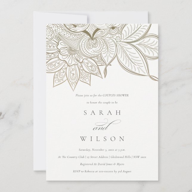 Ornate Paisley Ivory Gold Couples Shower Invite (Front)
