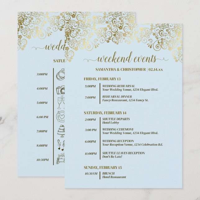 Ornate Pale Blue & Gold Wedding Events & Timeline Programme (Front/Back)