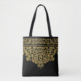 Ornate Pattern Black and Gold Customizable Tote Bag