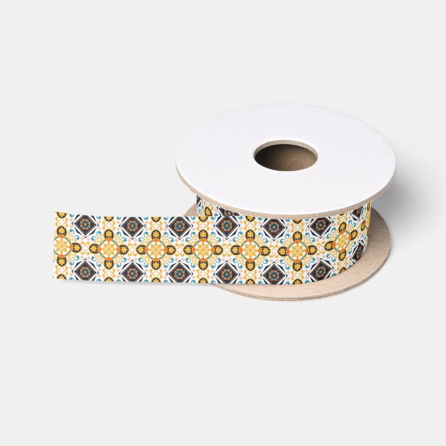 Ornate pattern with yellow and blue geometric satin ribbon (Spool)