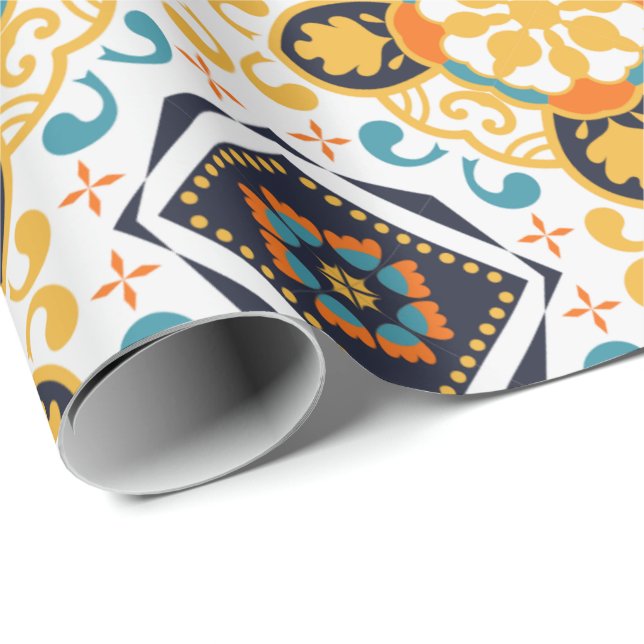 Ornate pattern with yellow and blue geometric  wrapping paper (Roll Corner)