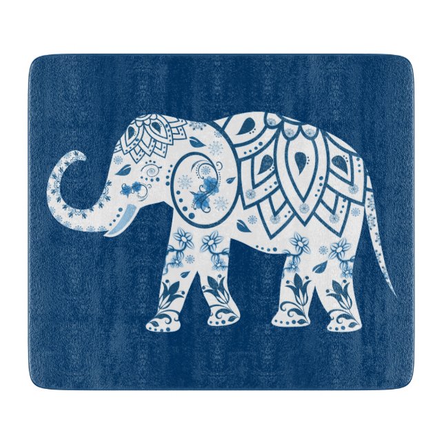 Ornate Patterned Blue Elephant Cutting Board (Front)