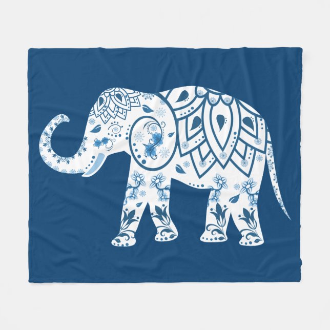 Ornate Patterned Blue Elephant Fleece Blanket (Front (Horizontal))