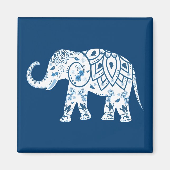 Ornate Patterned Blue Elephant Magnet (Front)