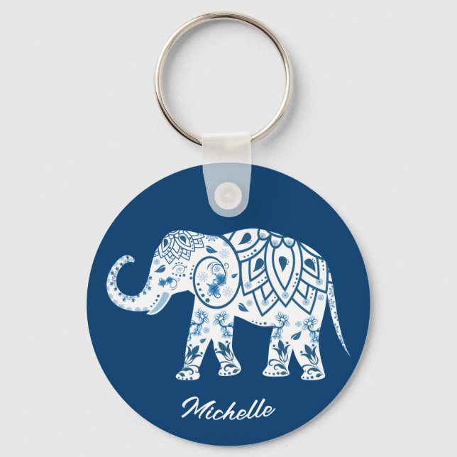 Ornate Patterned Blue Elephant Personalised Key Ring (Front)