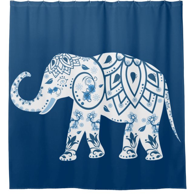 Ornate Patterned Blue Elephant Shower Curtain (Front)