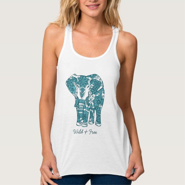 Ornate Patterned Elephant Art Wild and Free Singlet (Front)