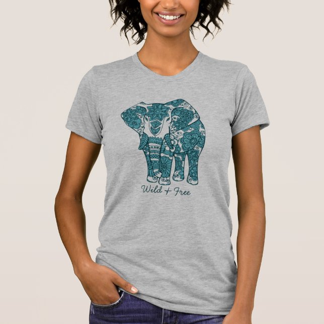 Ornate Patterned Elephant Art Wild and Free T-Shirt (Front)